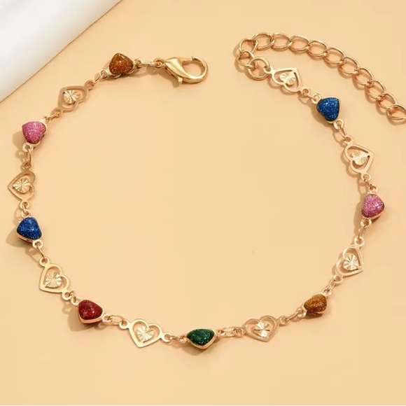Multi Color Glitter Heart Gold Toned Anklet - Picture 2 of 2